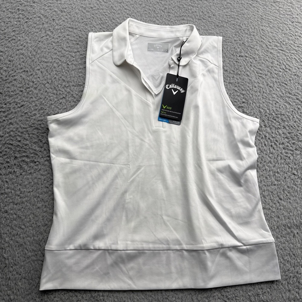 Callaway Golf Top Women Medium White Solid Sleeveless Opti-Dry Mesh Polo Shirt